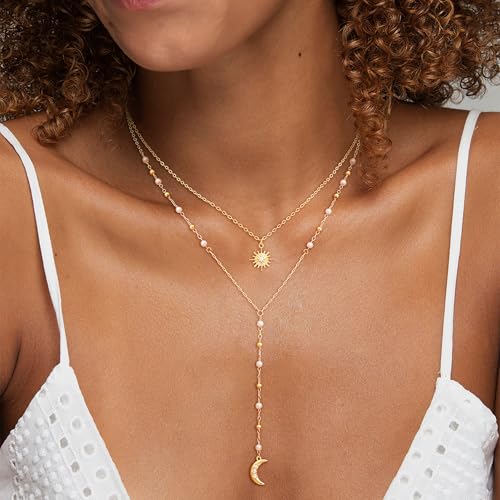 CHESKY Long Necklaces for Women, 14k Gold Plated/Streling Silver Lariat Necklace Dainty Statement Prom Necklace Rosary Cross Sun Drop Pendant Dangle Necklace Gold Prom Jewelry for Women Gifts - style: y necklace 16