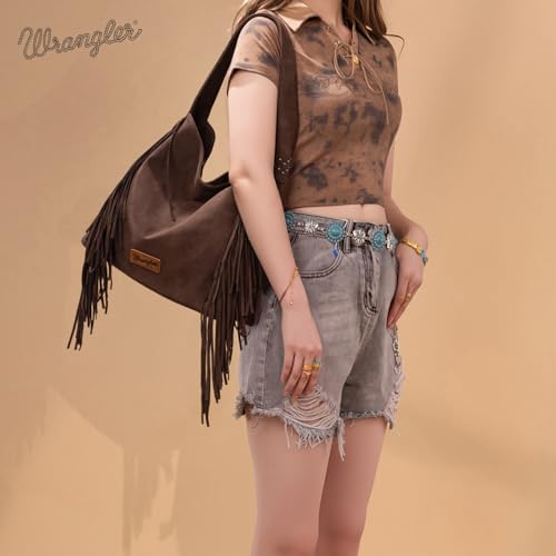 Wrangler Fringe Suede Hobo Bag for Women Leather Western Fringe Purse Tassel Hippie Shoulder Bag - color: Coffee