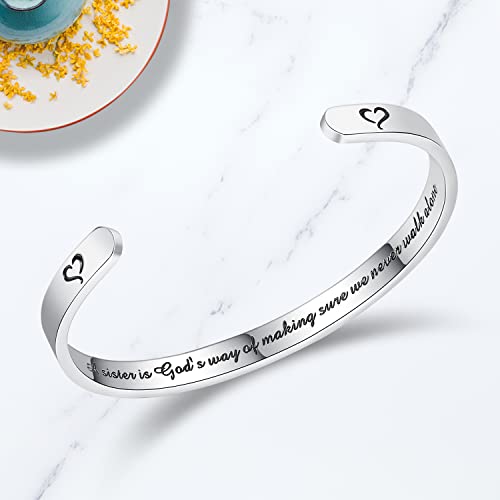 TONY & SANDY Inspirational Bracelets for Women Teen Girls Personalized Gifts for Daughter Granddaughter Mom Sister Friends Stainless Steel Engraved Cuff Birthday Easter Christmas - style: A - Sister Gifts - A sister is god's way of making sure we never wa