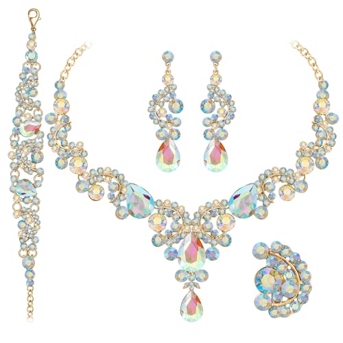 Paxuan Crystal Bridal Wedding Jewelry Sets for Women Rhinestone Teardrop Crystal Statement Choker Necklace Drop Earrings Link Bracelets Rings Teardrop Jewelry Set for Brides Bridesmaids - color: Necklace+Earrings+Bracelet+Ring（AB）