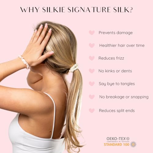 SILKIE x4 Set 100% Pure Mulberry Silk Brown Skinny Scrunchies Travel Pouch Everyday Hair Ties Elastics Hair Care Ponytail Holder No Damage (Praline) - color: Praline