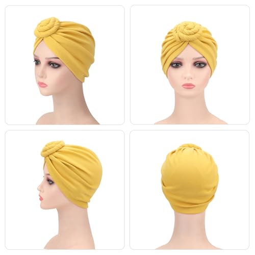 DRESHOW 5 Pack Knotted Headwraps for Women African Turban Pre-Knotted Beanie Headwraps Hair Covers - color: 5 Pcs Donut Flower: White, Yellow, Navy Blue, Dark Coffee, Black
