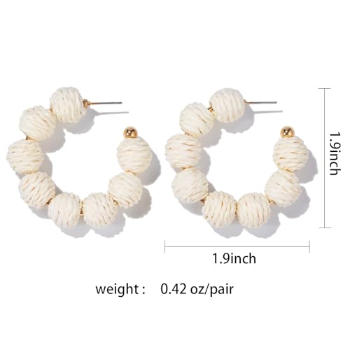 Raffia Hoop Earrings Statement Boho Beaded Earrings Cute Rattan Handmade Colorful Jewelry for Women Unique Summer Outfits - color: Ivory
