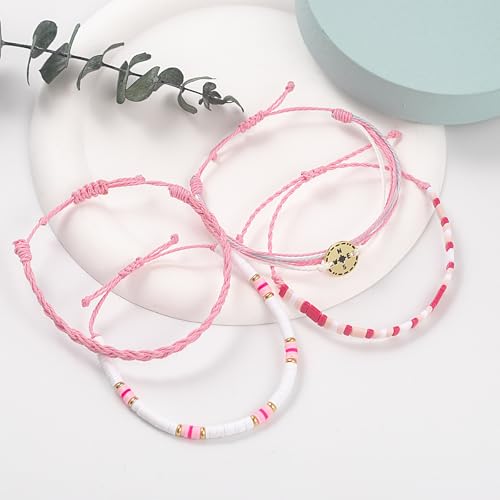FANCY SHINY Boho Nautical Compass String Bracelets Beaded Clay Beads Bracelet Stackable Friendship Bracelets Summer Beach Outfits for Women Girls - color: Pink