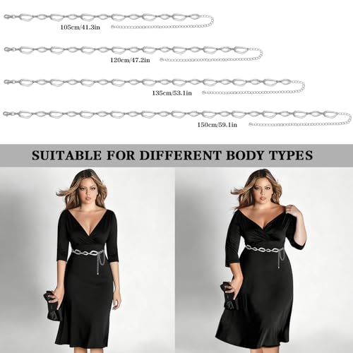 LIMHOO Women's Metal Waist Chain Belts Gold Silver Link Belt for Dresses - color: Square Silver, size: M: Length 120cm/47.2in