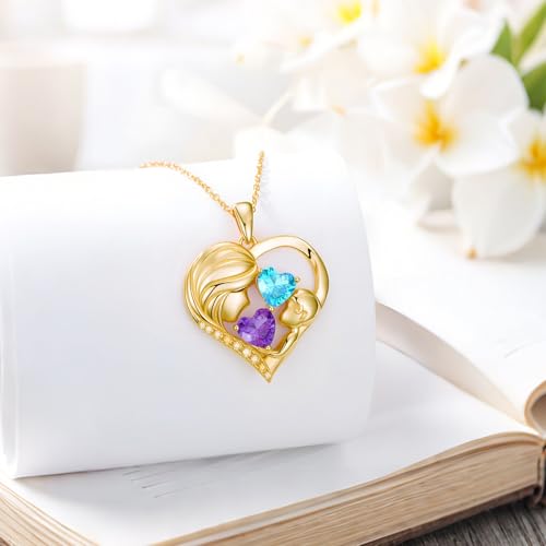 Mothers Day Gifts 14K Yellow Gold Mother Daughter Heart Pendant Necklace with 12 Months Birthstone Birthday Gifts for Mom Anniversarry Jewelry for Mom Wife Girlfriend - color: 02-03-Feb-Mar Birthstone