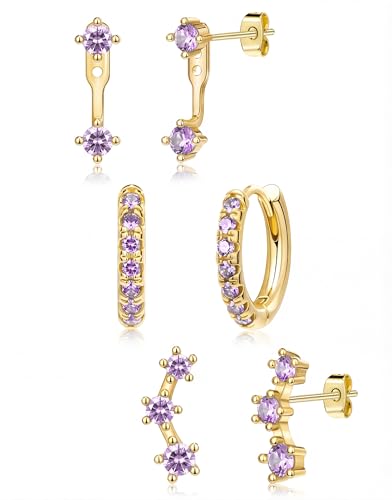 3 Pairs Dainty Small 4th of July Earrings for Women Trendy, Birthstone Stud Huggie Hoop Jacket Stack for Cartilage Helix, Gold Plated Hypoallergenic Cute Women Fashion Accessories Western Jewelry Gifts - color: 06Purple Created Alexandrite-June (Gold)