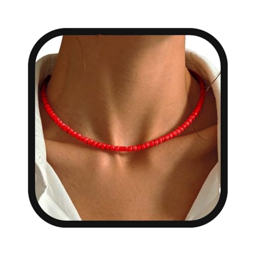 Boho Beaded Choker Necklace Colorful Short Necklaces Summer Beach Necklaces Jewelry for Women - color: Red