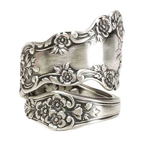 LRGKMCWTOB Retro Flower Ring 925 Sterling Silver Vintage Flower Stacking Band Ring Simple Thumb Statement Rings Victorian Flower Open Adjustable Boho Floral Statement Jewelry for Women (Size 8) - size: Size 8