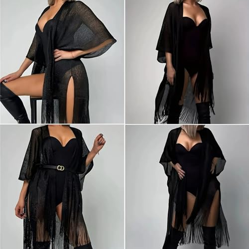Sparkle Metallic Evening Shawls for Women formal Party Dresses Beach Travel Cardigan Shawl Wrap for Swimsuit - color: I-black