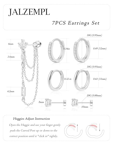 7Pcs Earring Stacks Cartilage Helix Flat Back Hoop Set For Women Stud Small Huggie Chain Multiple Piercing 14K Gold Plated Jewelry Triple Cubic Zirconia - color: Silver, size: Flat Back