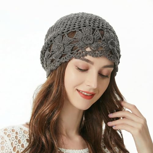 ZLYC Women Cotton Crochet Slouchy Beanie Hat Handmade Knit Summer Skull Cap - color: Flowers Grey