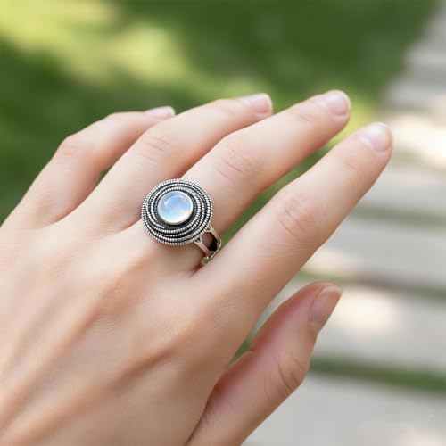 Mulit Circle Cross Lines Thick Top Jade Gem Ring,Silver Plated Cocktail Party Ring,Statement Ring Jewelry Gift for Women - color: RIng_E moonstone