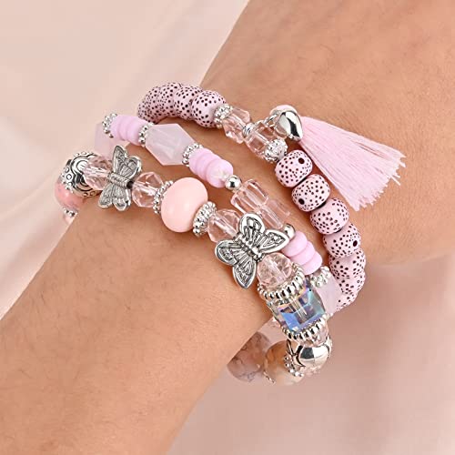 Bohemian Bracelet Sets for Women - 6 Sets Stackable Stretch Bracelets Multi-color Boho Jewelry for Women Hippie Bracelets Dainty Jewelry - color: Butterfly Stretch Bracelets Set