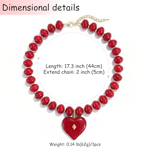 Elegance 11 designs Chunky Heart Necklace for Women, Colorful Acrylic Beaded Statement Puff Heart Necklace, Cute Boho Y2K Choker Necklace for Gift Jewelry - color: Red