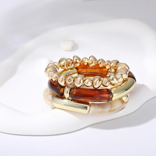 GOOJIDS Simple Beaded Gold Plated Bangles Bracelet Chunky Bamboo Tube Curved Stacking Clear Acrylic Colorful Beads Stretchable Gold Plated Bracelets Set For Women - color: T-Gold&Brown Set