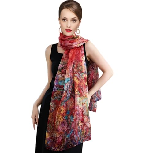 100% Mulberry Silk Women's Neck Silk Scarf-Lightweight Shawl,FLoral Print Beach Silk Wrap-Scarves for Photography - color: Red Phoenix