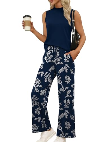 WIHOLL Two Piece Set for Women Summer Spring Outfits Cruise Travel Airport Beach Vacation Mock Neck Wide Leg Pants Set - color: Blue Floral, size: Small