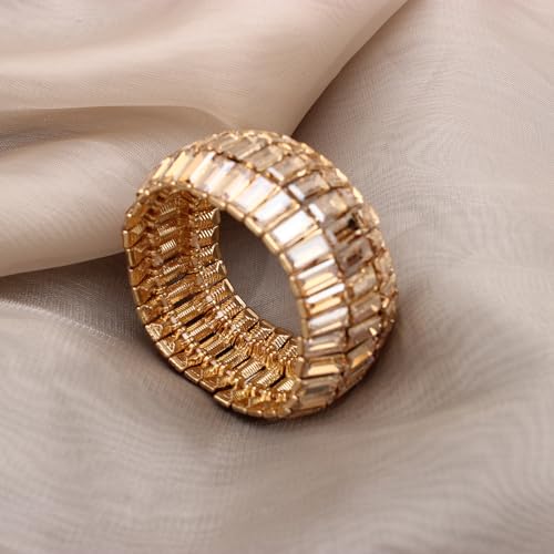 Women’s Wedding Bridal Crystal Leaf Flower Stretch Bangle Elastic Wide Bracelet Jewelry for Brides Bridesmaid - color: Style1-Champagne-Gold Plated