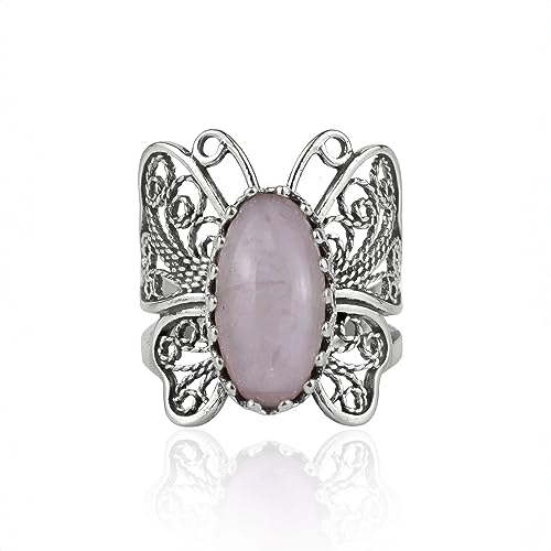 Filigranist Sterling Silver Filigree Art Butterfly Women Cocktail Ring with Gemstones - color: Rose Quartz