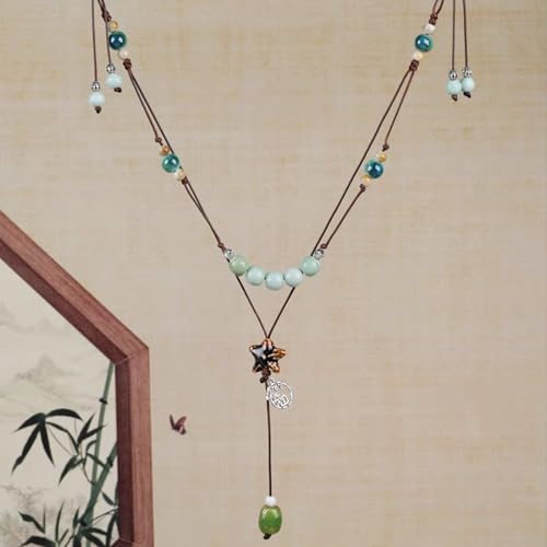 Boho Style Colorful Ceramic Bead Strand Necklace Adjustable Bohemian Jewelry Gift for Women, Fashion Clothing Matching Necklace - color: Green