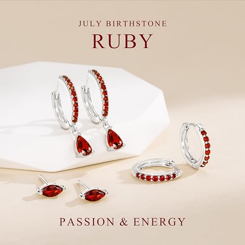 14K Gold Plated Small Huggie Hoop Earrings Set for Women, Hypoallergenic Dainty Sterling Silver Dangle Studs for Cartilage Helix, Lightweight Trendy Cute Stack Birthstone Jewelry Gift - color: 07_Ruby_Jul_Silver
