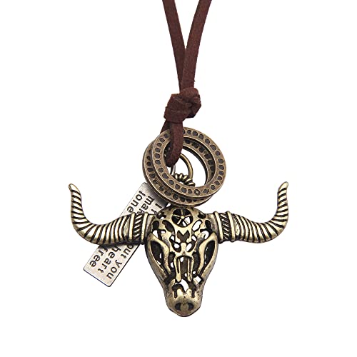 Leather Necklace for Women Long Boho Necklace Bohemian Choker Vintage Necklace Braided Boho Jewelry with Adjustable Brown Leather Cord - color: Cow Skull Necklace