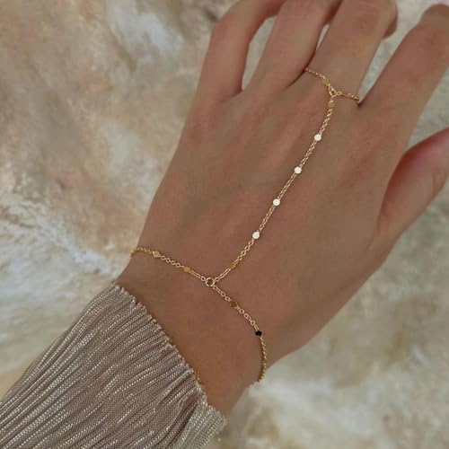 Gold Bracelets for Women Trendy, Dainty Gold Hand Chain Bracelets Stackable 14k Gold Plated Finger Ring Bracelet Hand Chain Cz Flower Layered Link Bracelets for Women Non Tarnish Jewelry Gifts - style: spark hand chain bracelet-gold