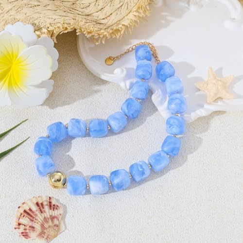 Chunky Colorful Beaded Necklaces for Women Big Bead Boho Choker Necklace Trendy Heart Statement Necklace Summer Beach Jewelry Mothers Day Gifts for Mom Daughter - color: Sky-blue Square Beads