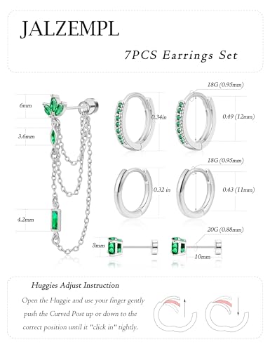 7Pcs Earring Stacks Cartilage Helix Flat Back Hoop Set For Women Stud Small Huggie Chain Multiple Piercing 14K Gold Plated Jewelry Triple Cubic Zirconia - color: Silver (Emerald), size: Flat Back
