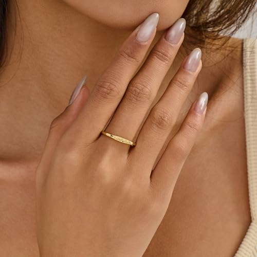 YeGieonr 14K Gold Plated Signet Rings for Women Non Tarnish 925 Sterling Silver Dainty Stackable Gold Ring, Waterproof Engraved Flower Thin Band Unique Everyday Jewelry Gift - color: Yellew Gold-Eucalyptus Signet Ring
