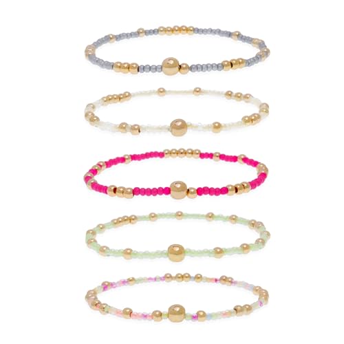 Gold Beaded Stackable Friendship Bracelets Set for Women, Handmade Boho Stretch Summer Jewelry Gift. - color: gold green gray fuchsia pink yellow beige