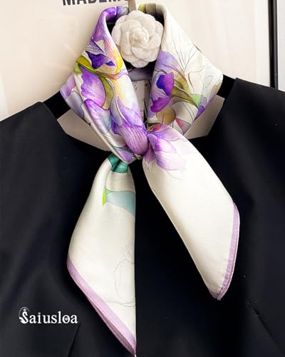 Saiusloa Neck Scarf For Womens Silky Head Scarves Hair Bandanas Square Scarf Fashion Accessories lightweight - color: 17-purple Irises With Purple Edges