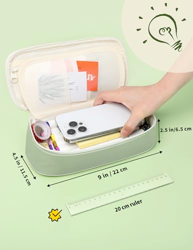 SUNEE Cute Pencil Case, Aesthetic Pen Pouch, Colored Large Pencil Bag with Zipper, Kawaii Stationery Storage and Organizer, School Supplies for Teen and Adult Girls, Green - color: Green