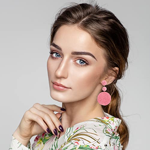 Boho Raffia Ball Earrings for Women, Handmade Statement Drop Earrings Straw Dangle Earrings Beach Vacation Jewelry - color: Pink