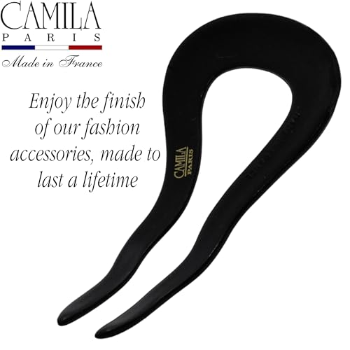 Camila Paris CP2670 French Twist Stick Clip Pins, Black, Wavy Hair Pin U-Shaped Hair Fork for Girls Spiral Updo Chignon Bun Holder, Fashion Flexible Styling Hair Accessories for Women, Made in France - color: 2-Prong Black