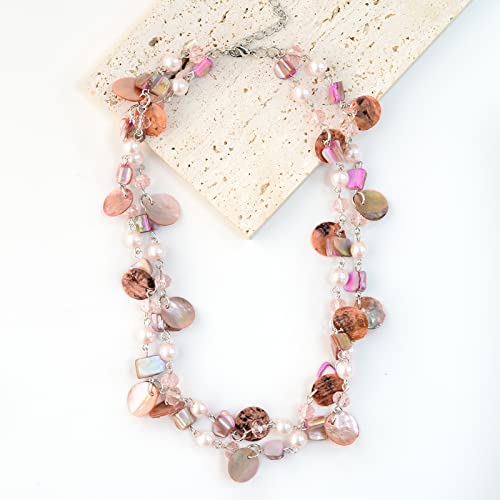 Noessla Layered Beaded Chunky Necklace for Women Boho Two-color Shell Statement Necklace Fashion Collar Costume Jewelry Gifts for Mum - color: 14-Pink