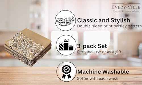 Classic Paisley Bandanas - 3 Pack Gift Set, 100% Cotton, 22x22 Inches - color: Tan