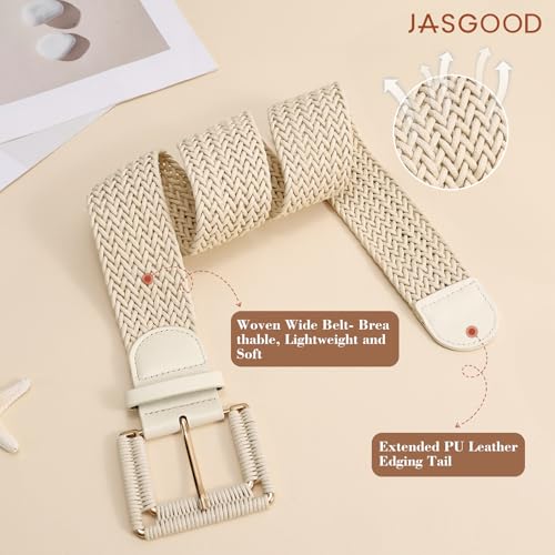 JASGOOD Women Wide Woven Belt for Dresses Rattan Waist Belt Braided Boho Belt with Square Buckle - color: Beige, size: Fit Waist Size 38-42inch