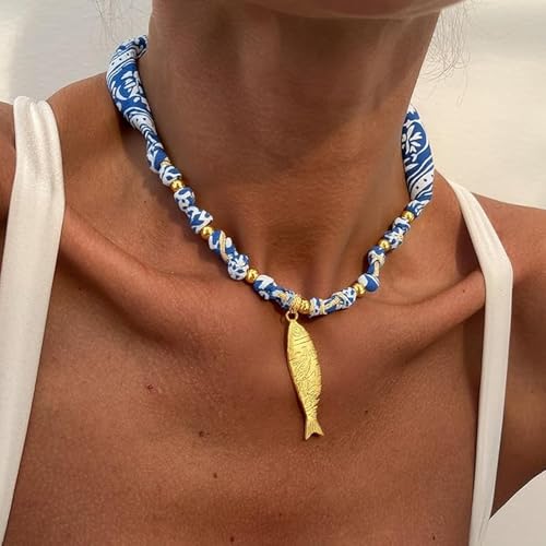 Scarf Necklace with Charm Gold Starfish Chunky Cross Heart Flower Pendants Bandana Charm Necklace Western Scarf for Women Boho Cowgirl Country Cowboy Accessories Beach Vacation Vacation Outfits Jewelry - color: C4-Scarf Necklace With Fish Charm