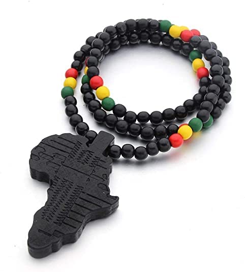 COLORFUL BLING Hip-hop Africa Map Pendant Necklace for Men African Continent Egyptian Multicolor 8MM Wooden Bead Chain Necklace Natural Wood Jewelry - style: style 1
