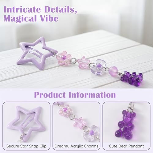 Pndeyo 2pcs Star Tassels Hair Clips for Women, Bow Bear Non-Slip 2000s Y2k Snap Barrettes, Cute Star Beaded Pendant Pin Accessories for Braid Long Short Thin Thick Hair- Purple - color: Purple-B Style