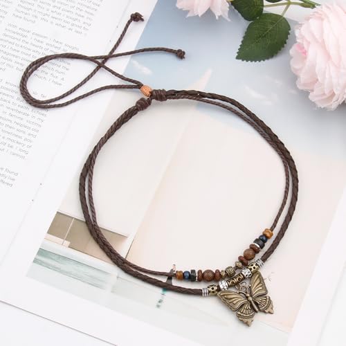 Boho Necklace for Women,Vintage Butterfly Pendant Necklaces,Adjustable Wooden Beads Layered Braided Choker,Fashion Tribal Style Leather Rope Necklace Jewelry,Chunky Statement Gift for Women - color: Brown