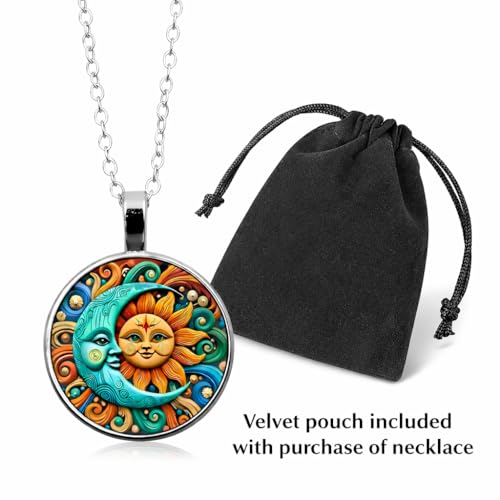 1pc Stunning Round Pendant Necklace - Unique Sun & Moon Pattern, Oil Painting Style Glass Mosaic, Alloy Construction, Trendy Sweater Chain, Fashionable Gift for Women - Christmas or Birthday Gift - color: Orange Sun/Blue Moon (Silver)