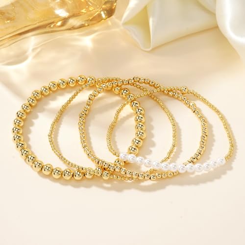 14K Gold Plated Beaded Bracelets Stack Set for Women,Stretch Boho Colorful Beads Ball Jewelry Friendship Summer Trendy - color: Pearl