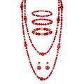 Trendy Infinity Wrap 60’’ Long Statement Necklace, Earrings and Bracelet Set - Hand Knotted Versatile Crystal and Shell Beads Strand Necklace and Chunky Beaded Stretch Bracelet Stack – Jewelry Set Gift for Women - color: Red/Round Earrings