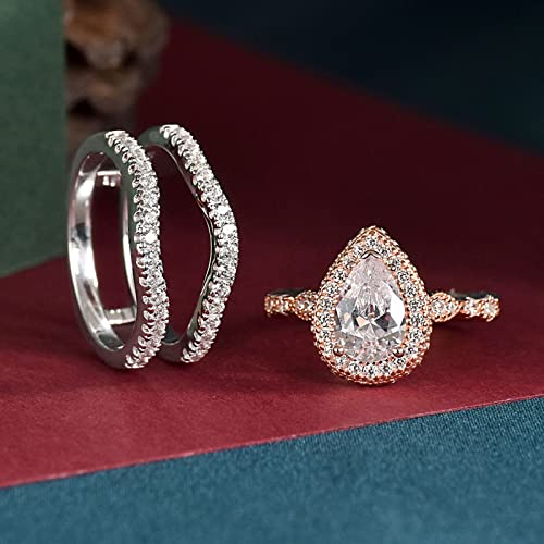 Newshe Jewellery Wedding Rings for Women Bridal Sets Sterling Silver Engagement Ring Enhancer Pear Cubic Zirconia Anniversary Promise Band Size - color: Cubic Zirconia-18k Rose Gold Plated