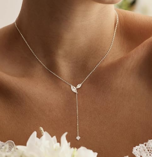 Gold Necklace for Women - Dainty Long Lariat Necklace 14K Gold Plated Clover Star Teardrop CZ Y Shaped Drop Necklaces Cute Long Necklaces for Women Trendy Prom Formal Womens Jewelry - color: Silver PJ Drop