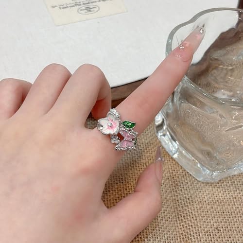 Butterfly Flower Ring for Women Enamel Flower Butterfly Finger Ring with Adjustable Opening Pink Ring Sparkling Fashion Flower Ring Christmas Birthday Party Prom Clothing Jewelry - color: Silver