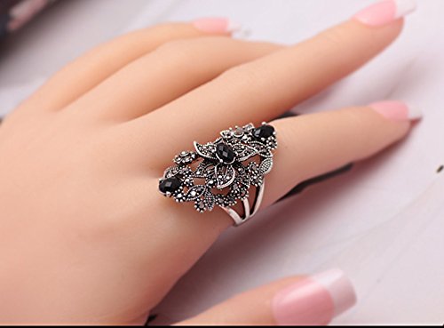 Women's Black Rings Vintage Rings Statement Rings for Women Band Marcasite Crystal Rings for Women - color: Silver1